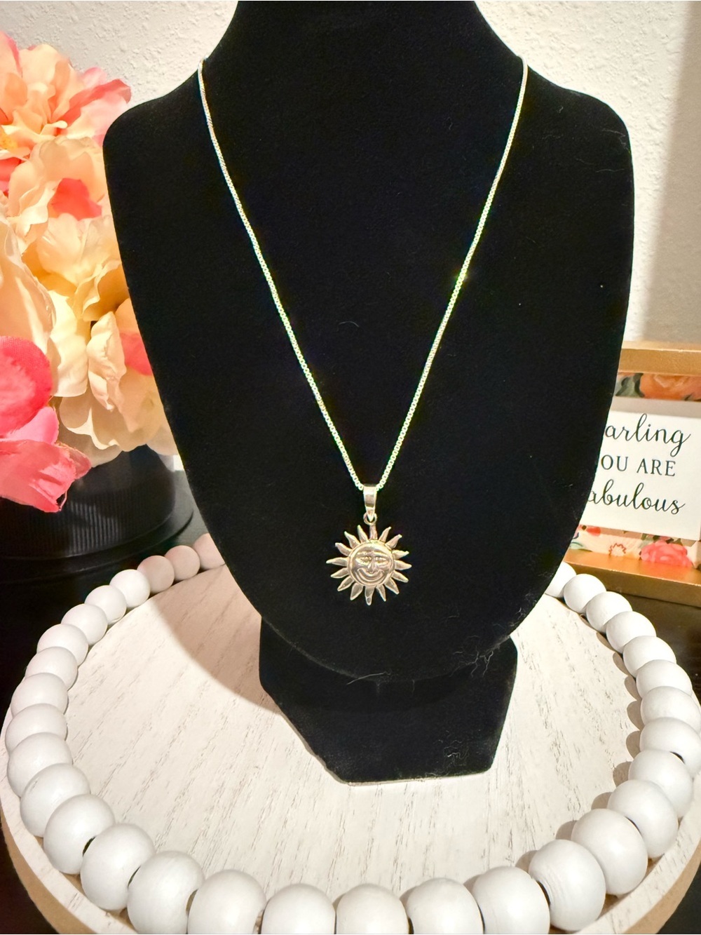 Sterling Silver 925 Sun Face Pendant Necklace Celestial Boho Moon Star